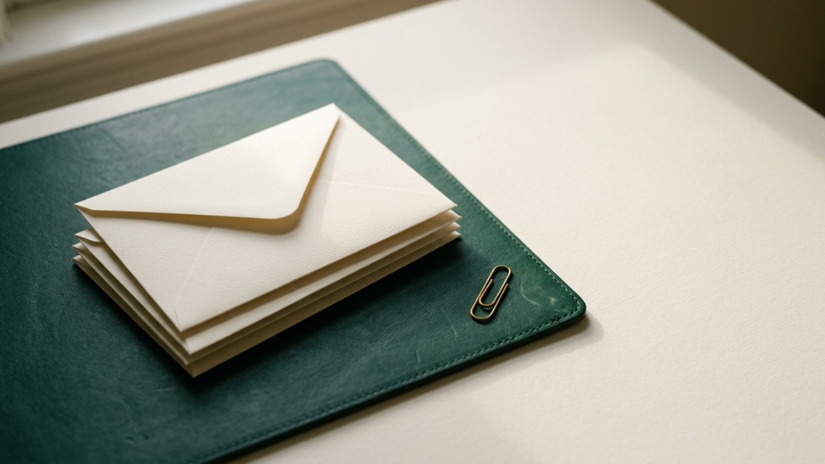 A small stack of unopened cream envelopes resting on a dark green leather desk blotter, with a brass paper clip beside them.