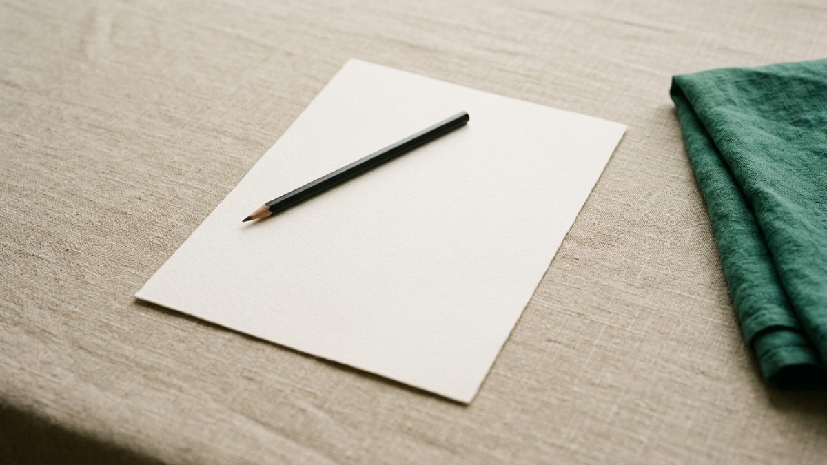 A single blank sheet of paper on a linen-covered table with one pencil laid across it and a folded green cloth at the edge.