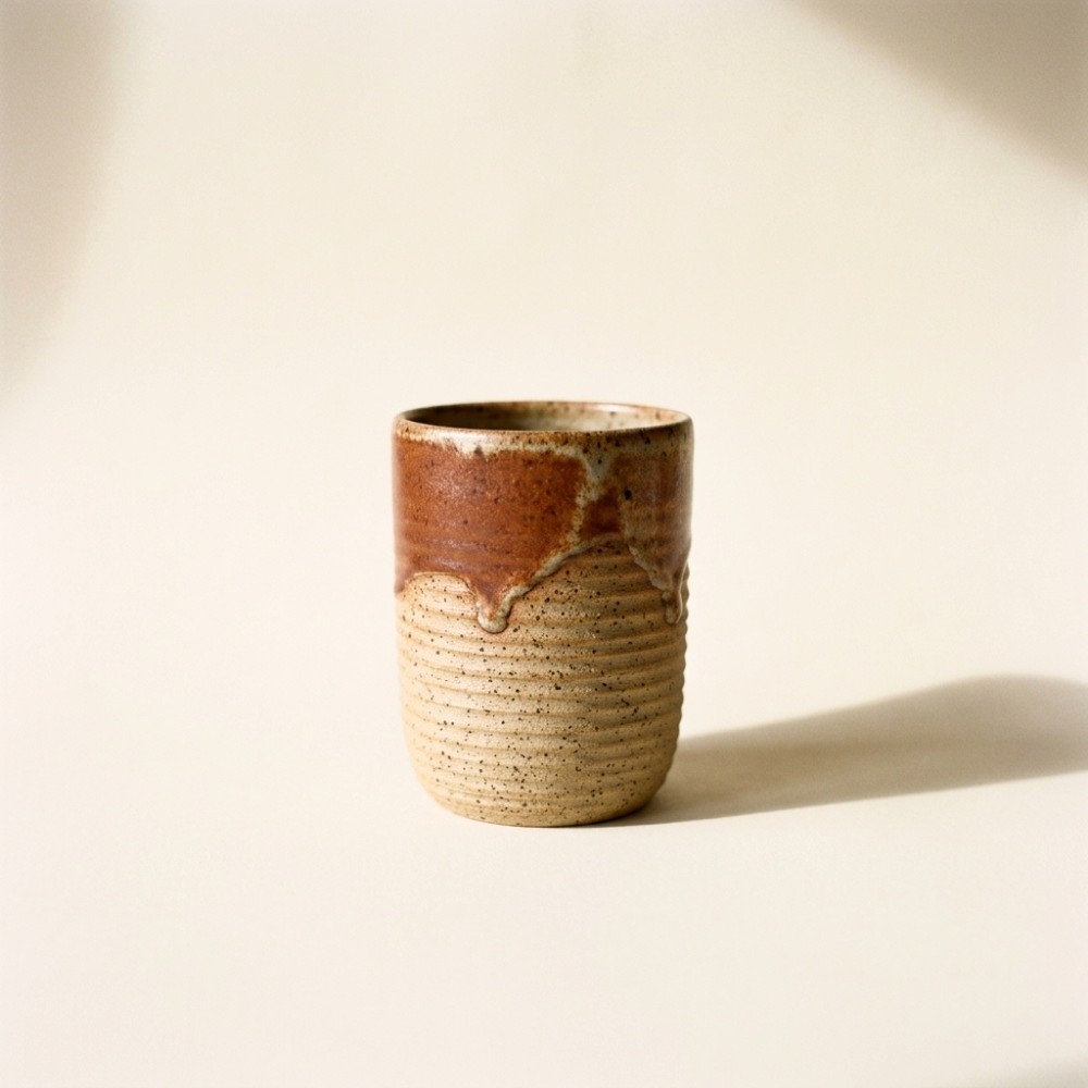 A hand-thrown stoneware tumbler with horizontal throwing ridges and a rust-brown glaze breaking over the speckled clay body.