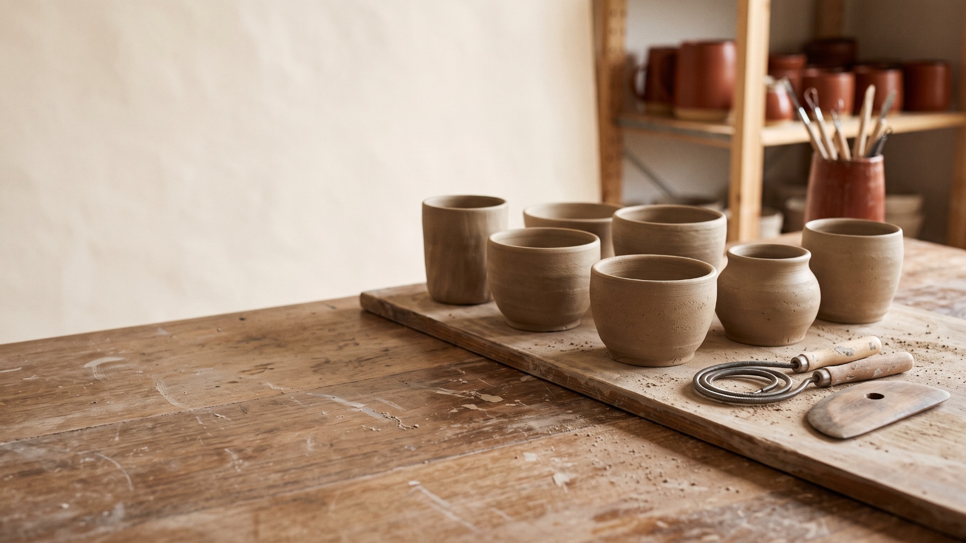 A row of freshly thrown, unglazed stoneware cups drying on a wooden board on the studio bench, with tools and drying shelves behind.