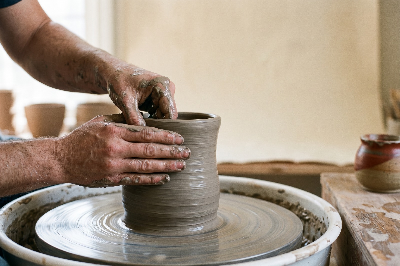 A potter's hands pulling the wall of a stoneware cylinder on a spinning wheel, wet clay slip across the fingers.