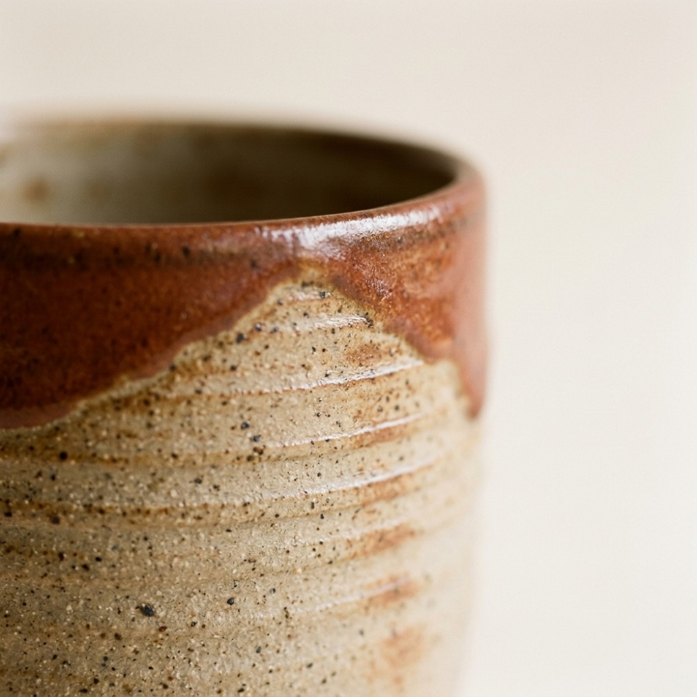 Close view of the tumbler's rim where the rust glaze breaks into the raw speckled clay.