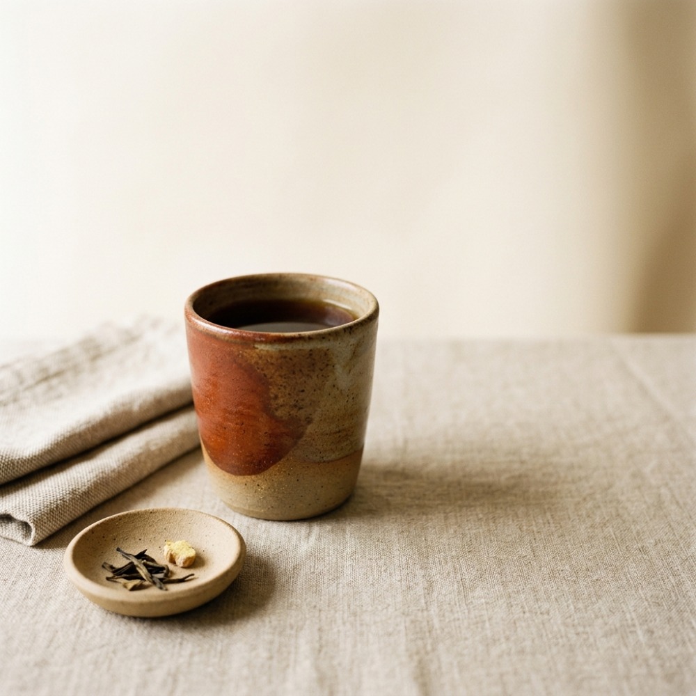 The tumbler holding black tea on a linen cloth, beside a small unglazed dish of tea leaves.